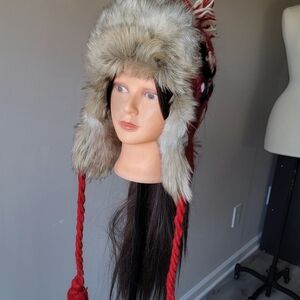 American Eagle Outfitters Red Faux Fur Trimmed Hat with Braids Wool/ Cashmere.